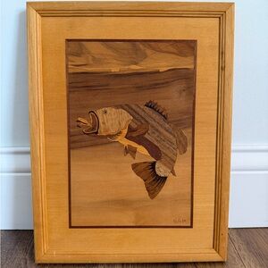 Vintage Handcrafted Jeff Nelson Wood Inlay Fly Fishing Bass Artwork Man Cave
